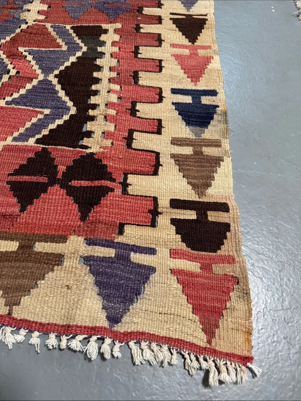 Vintage Handwoven Geometric Kilim Rug - Red, Purple, Cream
